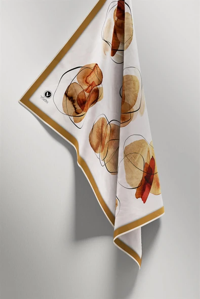 Twill Sulu Boya Geometrik Desenli Hardal Renkli 90x90 Eşarp (İpek İçermez) Kenar Dikiş Şekli El Dikişli - Resim 4