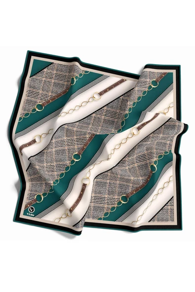 Twill Kemer Desenli Petrol Yeşili Renkli 90x90 Eşarp (İpek İçermez) Kenar Dikiş Şekli El Dikişli ürün görseli
