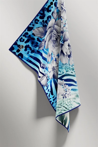 Twill Renkli Şerit Desenli Bebe Mavisi - Mint Yeşili Renkli 90x90 Eşarp (İpek İçermez) Kenar Dikiş Şekli El Dikişli - Resim 4