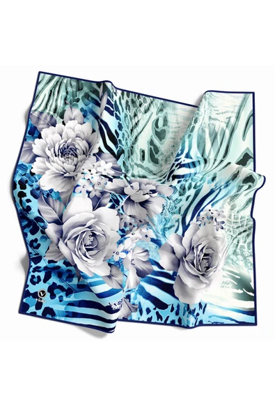 Twill Renkli Şerit Desenli Bebe Mavisi - Mint Yeşili Renkli 90x90 Eşarp (İpek İçermez) Kenar Dikiş Şekli El Dikişli ürün görseli