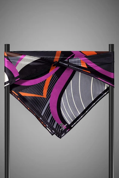 %100 Twill İpek Çizgili Geometrik Desenli Siyah - Gri Renkli 90x90 Eşarp Dikim Şekli : El Dikişi - Resim 6