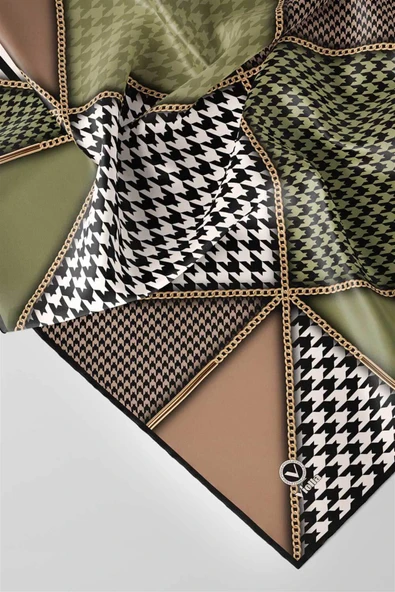 Twil Geometrik Ve Kazayak Desenli Haki Renkli 90x90 Eşarp (İpek İçermez) Dikim Şekli : El Dikişi - Resim 3