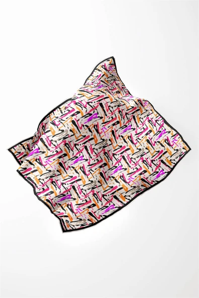 Twill Geometrik Desenli Pembe - Turuncu Renkli 90x90 Eşarp (İpek İçermez) Dikim Şekli : El Dikişi - Resim 3
