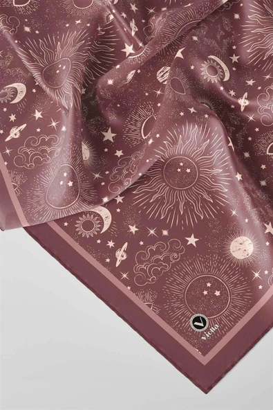 Twill Galaksi Desenli Gül Kurusu Renkli 90x90 Eşarp (İpek İçermez) Dikim Şekli : El Dikişi - Resim 4