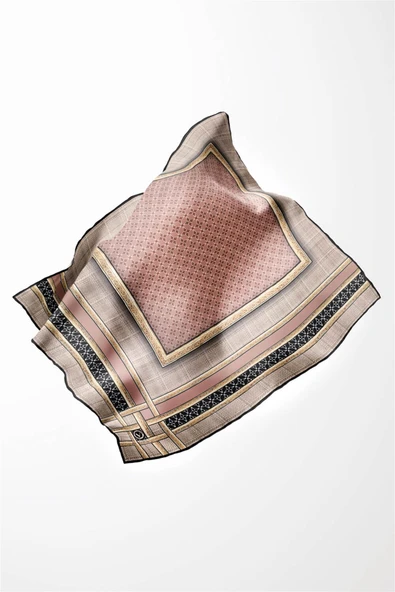 Twill Gold Bordürlü Geometrik Desenli Pudra Renkli 90x90 Eşarp (İpek İçermez) Kenar Dikiş Şekli El Dikişli - Resim 4