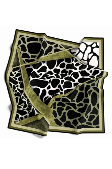 Twill Taş Desenli Haki Yeşili Renkli 90x90 Eşarp (İpek İçermez)Kenar Dikiş Şekli El Dikişli - Resim 2