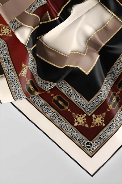 Twill Gold Detaylı ve Antik Motif Desenli Bordo Renkli 90x90 Eşarp (İpek İçermez) Kenar Dikiş Şekli El Dikişli - Resim 3