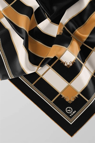 Twill Gold Detaylı Kareli Desenli Sarı Renkli 90x90 Eşarp (İpek İçermez) Kenar Dikiş Şekli El Dikişli - Resim 2