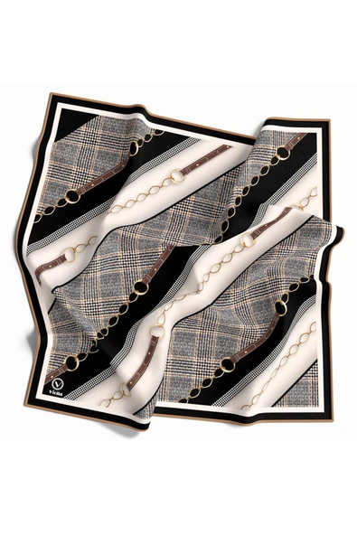 Twill Kemer Desenli Siyah Renkli 90x90 Eşarp (İpek İçermez) Kenar Dikiş Şekli El Dikişli - Resim 2