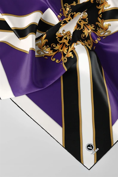 Twill Barok Desenli Mor - Siyah Renkli 90x90 Dikim Şekli : El Dikişi Eşarp (İpek İçermez) - Resim 4