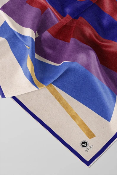 Twill Geometrik Desenli Lacivert Renkli 90x90 Eşarp (İpek İçermez) Kenar Dikiş Şekli El Dikişli - Resim 2