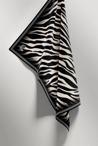 Twill Zebra Desenli Krem - Gri Renkli 90x90 Eşarp (İpek İçermez) Dikim Şekli : El Dikişi - Resim 4
