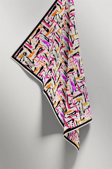Twill Geometrik Desenli Pembe - Turuncu Renkli 90x90 Eşarp (İpek İçermez) Dikim Şekli : El Dikişi - Resim 4