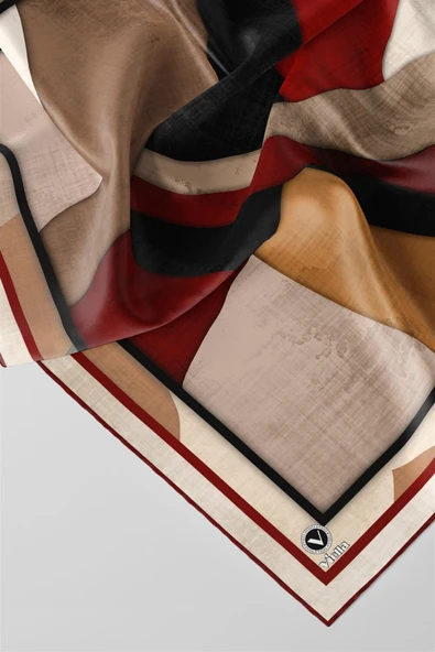Twill Geometrik Desenli Bordo Renkli 90x90 Eşarp (İpek İçermez) Kenar Dikiş Şekli El Dikişli - Resim 2