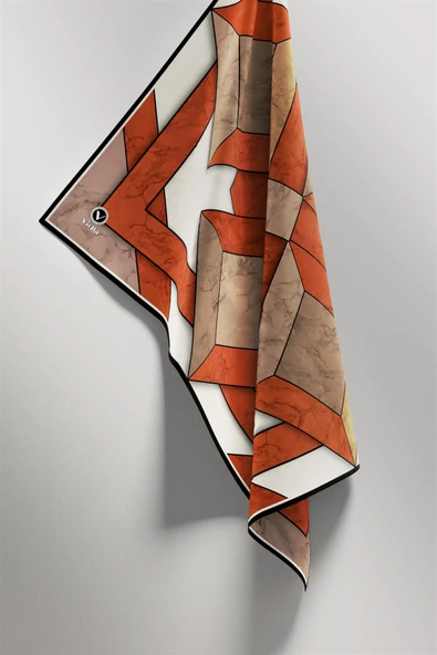 Twill Mermer Desenli Taba - Bej Renkli 90x90 Eşarp (İpek İçermez) Kenar Dikiş Şekli El Dikişli - Resim 4