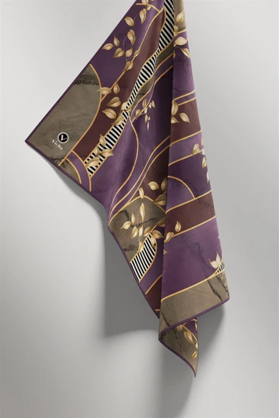 Twill Yapraklı Ve Geometrik Desenli Mürdüm Renkli 90x90 Eşarp (İpek İçermez) Kenar Dikiş Şekli El Dikişli - Resim 5