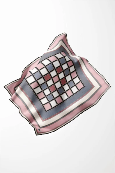 Twill Kare Desenli Pudra - Gri Renkli 90x90 Dikim Şekli : El Dikişi Eşarp (İpek İçermez) - Resim 2