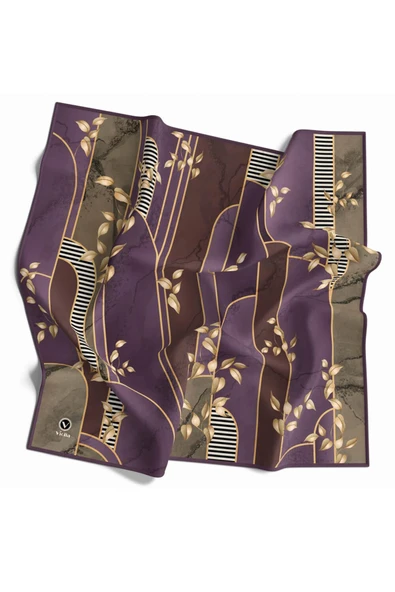 Twill Yapraklı Ve Geometrik Desenli Mürdüm Renkli 90x90 Eşarp (İpek İçermez) Kenar Dikiş Şekli El Dikişli - Resim 2