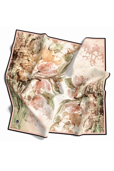 Rayon Sulu Boyalı Çiçek Desenli Somon Renkli 90x90 Eşarp (İpek İçermez) Kenar Dikiş Şekli El Dikişli ürün görseli