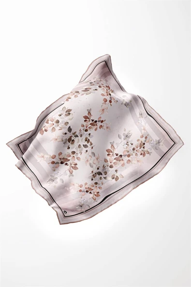 Twill Çiçek Desenli Bej Renkli 90x90 Eşarp (İpek İçermez) Kenar Dikiş Şekli El Dikişli - Resim 3