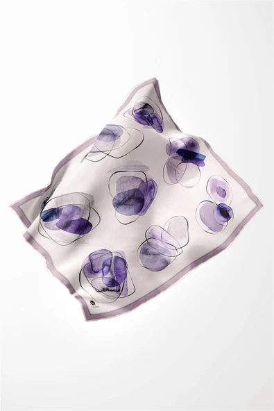 Twill Sulu Boya Geometrik Desenli Lila Renkli 90x90 Eşarp (İpek İçermez) Kenar Dikiş Şekli El Dikişli - Resim 3