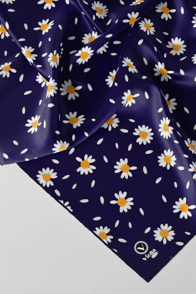 Twill Papatya Desenli Lacivert Renkli 90x90 Eşarp (İpek İçermez) Kenar Dikiş Şekli El Dikişli - Resim 2