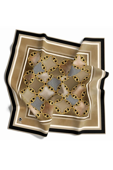 Twill Zincirli Geometrik Desenli Bej Renkli 90x90 Eşarp (İpek İçermez) Dikim Şekli : El Dikişi ürün görseli