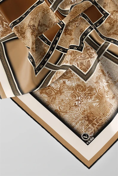 Twill Geometrik Desenli Hardal Renkli 90x90 Eşarp (İpek İçermez) Kenar Dikiş Şekli El Dikişli - Resim 3