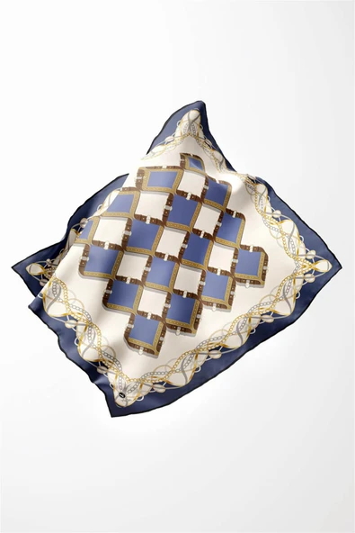 Twill Kemer Ve Zincir Desenli İndigo Renkli 90x90 Eşarp (İpek İçermez) Kenar Dikiş Şekli El Dikişli - Resim 3
