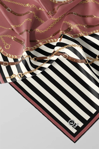 Twill Çizgili Zincir ve Kemer Desenli Pudra Renkli 90x90 Eşarp (İpek İçermez) Kenar Dikiş Şekli El Dikişli - Resim 2