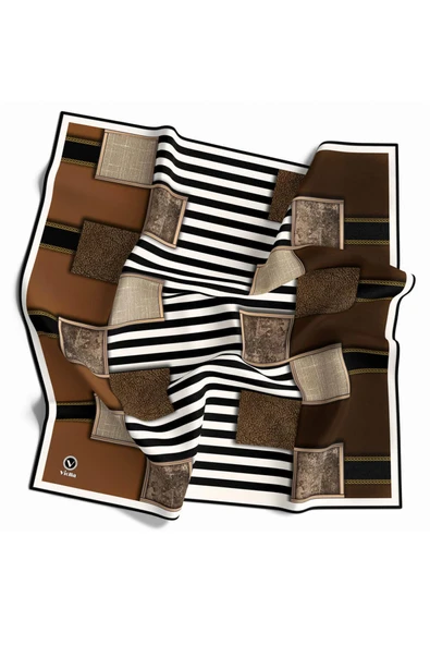 Twill Geometrik Ve Çizgili Desenli Taba Renkli 90x90 Eşarp (İpek İçermez) Dikim Şekli : El Dikişi - Resim 2