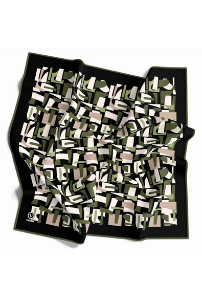 Twill Geometrik Desenli Haki Yeşili - Bej Renkli 90x90 Eşarp (İpek İçermez) Dikim Şekli : El Dikişi ürün görseli 1