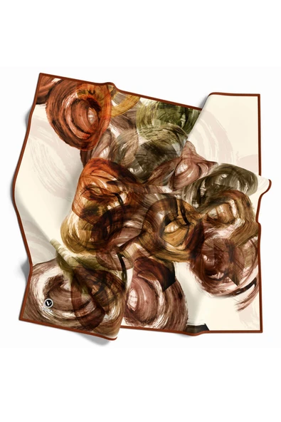 Twill Fırça Efektli Desenli Taba Renkli 90x90 Eşarp (İpek İçermez) Kenar Dikiş Şekli El Dikişli - Resim 2