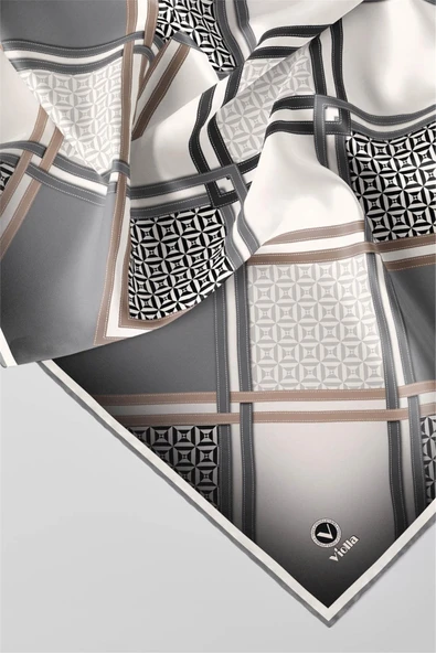 Twill Geometrik Desenli Gri Renkli 90x90 Eşarp (İpek İçermez) Kenar Dikiş Şekli El Dikişli - Resim 2