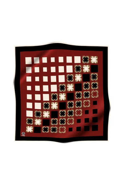 Twill Gold Detaylı Kare Desenli Bordo - Siyah Renkli 90x90 Eşarp (İpek İçermez) Kenar Dikiş Şekli El Dikişli - Resim 2