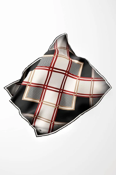Twill Geometrik Desenli Siyah - Bordo Renkli 90x90 Eşarp (İpek İçermez) Kenar Dikiş Şekli El Dikişli - Resim 2