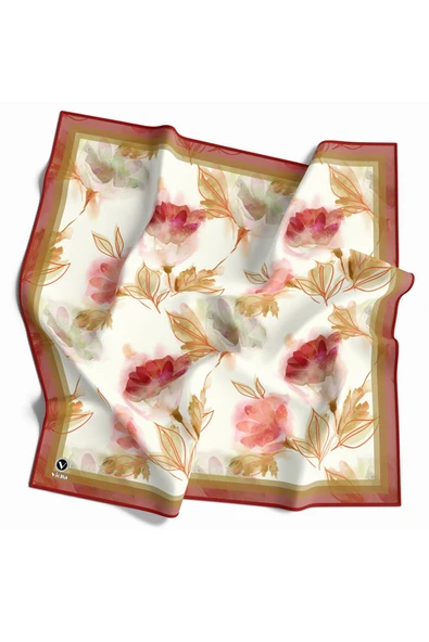 Twill Suluboya Çiçek Desenli Bordo Renkli 90x90 Eşarp (İpek İçermez) Kenar Dikiş Şekli El Dikişli ürün görseli