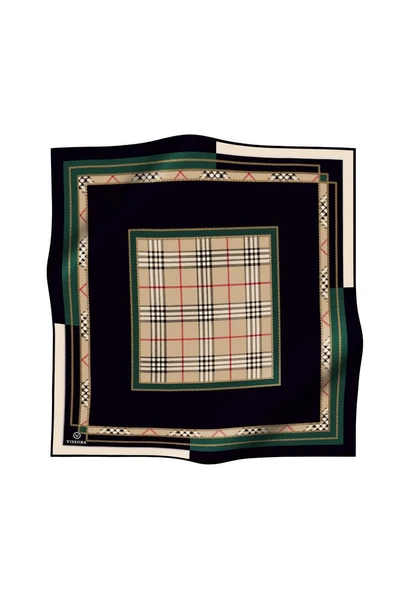 %100 Twill İpek Ekose Desenli Zümrüt Yeşili Renkli 90x90 Eşarp Dikim Şekli : El Dikişi - Resim 2