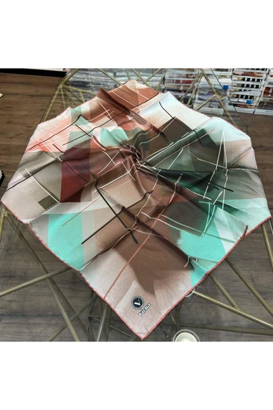 Kristal Geometrik Desenli Somon Renkli 90x90 Eşarp (İpek İçermez) Kenar Dikiş Şekli El Dikişli - Resim 2