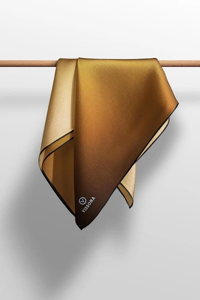 %100 Twill İpek Degrade Desenli Gold Renkli 90x90 Eşarp Dikim Şekli : El Dikişi - Resim 5