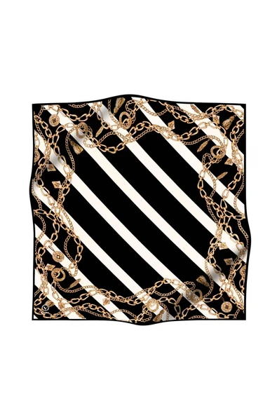 Twill Çizgili Zincir Desenli Siyah Renkli 90x90 Eşarp (İpek İçermez) Kenar Dikiş Şekli El Dikişli - Resim 2