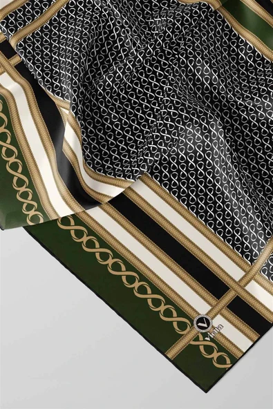 Twil Geometrik Desenli Zümrüt Yeşili Renkli 90x90 Eşarp (İpek İçermez) Dikim Şekli : El Dikişi - Resim 5