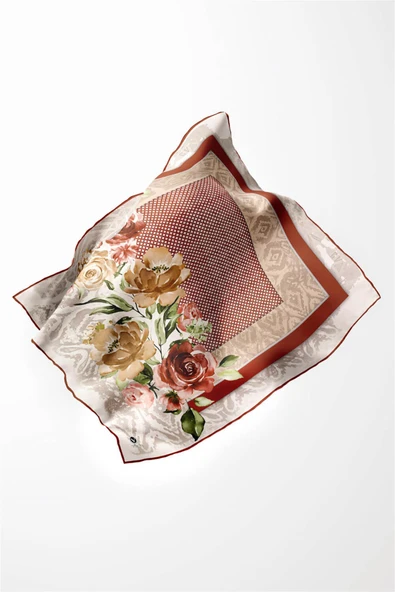 Twill Çiçek Desenli Taba Renkli 90x90 Eşarp (İpek İçermez) Kenar Dikiş Şekli El Dikişli - Resim 2