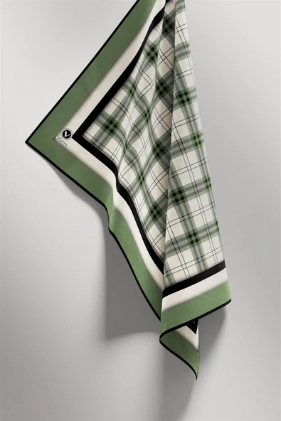 Twill Ekose Desenli Mint Yeşili Renkli 90x90 Eşarp (İpek İçermez) Kenar Dikiş Şekli El Dikişli - Resim 4