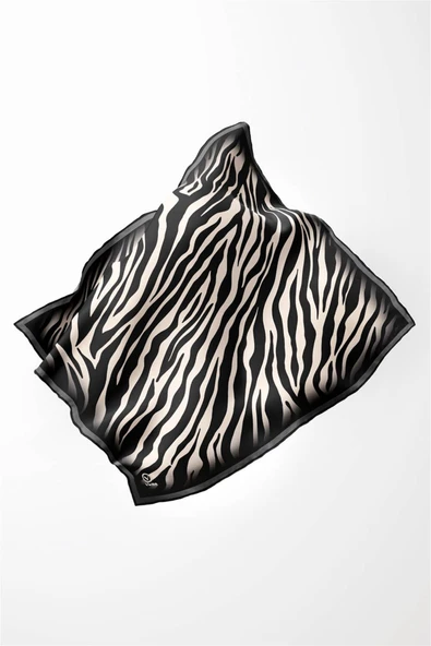Twill Zebra Desenli Krem - Gri Renkli 90x90 Eşarp (İpek İçermez) Dikim Şekli : El Dikişi - Resim 3