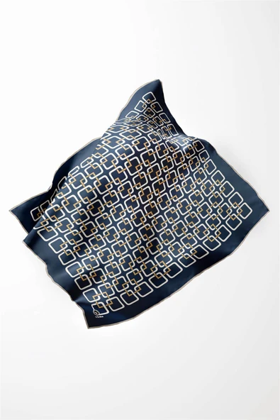 Twill Geometrik Desenli Lacivert Renkli 90x90 Eşarp (İpek İçermez) Kenar Dikiş Şekli El Dikişli - Resim 3