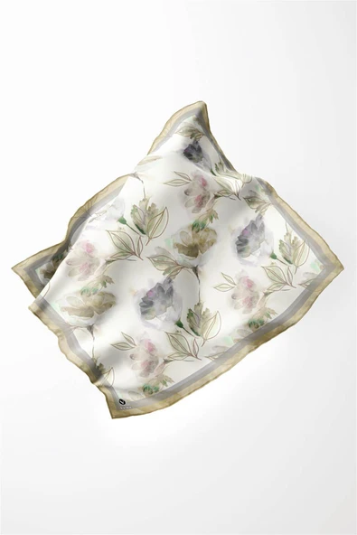 Twill Suluboya Çiçek Desenli Bej Renkli 90x90 Eşarp (İpek İçermez) Kenar Dikiş Şekli El Dikişli - Resim 3