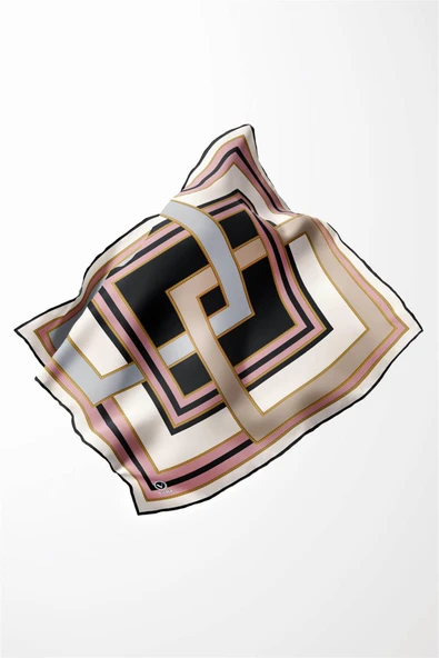 Twill Çerçeve Desenli Gri - Pudra Renkli 90x90 Eşarp (İpek İçermez) Kenar Dikiş Şekli El Dikişli - Resim 2