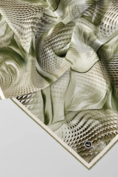 Twill Geometrik Ve Dalga Desenli Mint Yeşili Renkli 90x90 Eşarp (İpek İçermez) Dikim Şekli : El Dikişi - Resim 2