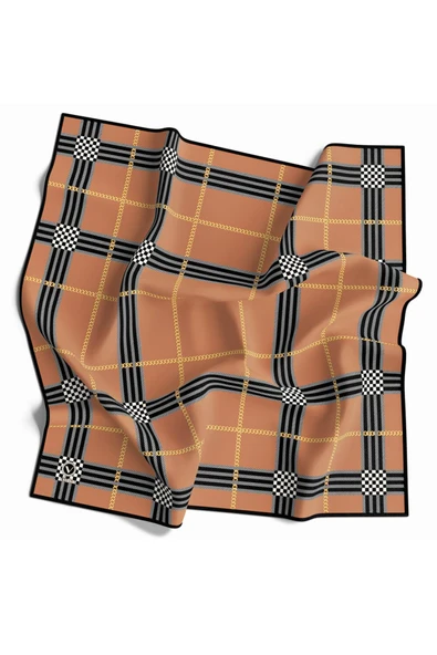 Twill Ekose Desenli Somon Renkli 90x90 Eşarp (İpek İçermez) Kenar Dikiş Şekli El Dikişli ürün görseli